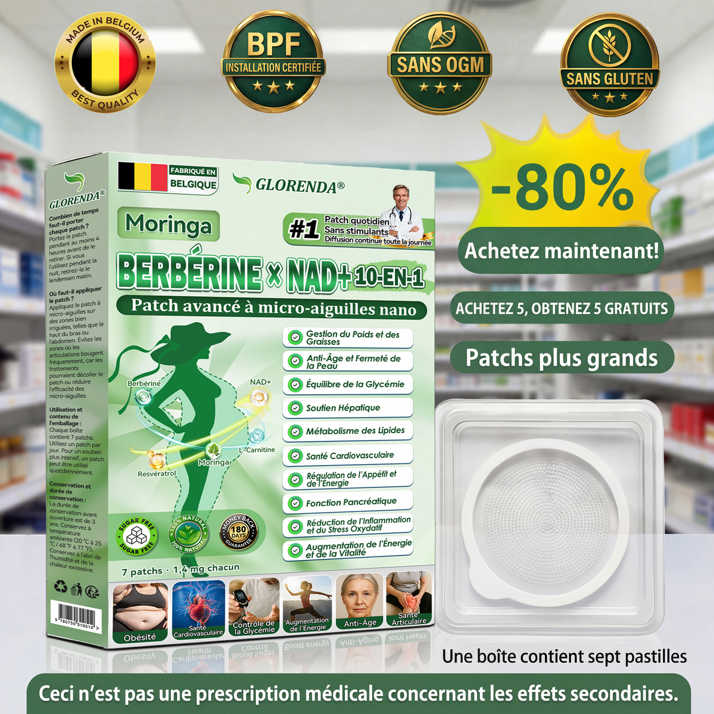 Boutique officielle 🇧🇪 | 👩‍⚕️💃 𝐆𝐋𝐎𝐑𝐄𝐍𝐃𝐀® Moringa · Berbérine + NAD+ – Patch Microneedle Nano Avancé 10-en-1 (1 patch/jour, résultats visibles en 7 jours)