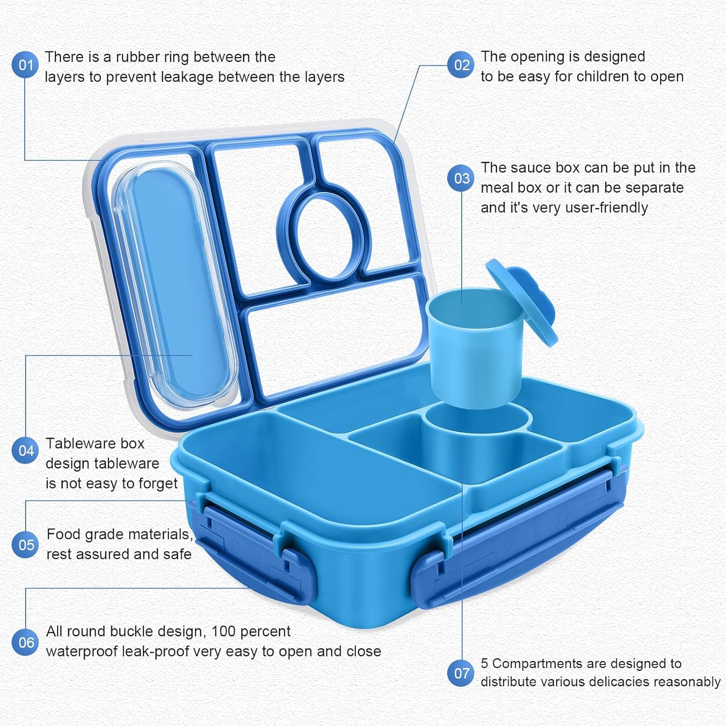 Bento Box Lunch Box Kids,Lunch Containers for Kids/Toddler,5 Compartments Bento Lunch Box for Kids with Sauce Vontainers,Microwave & Dishwasher & Freezer Safe,Bpa-Free(Blue)